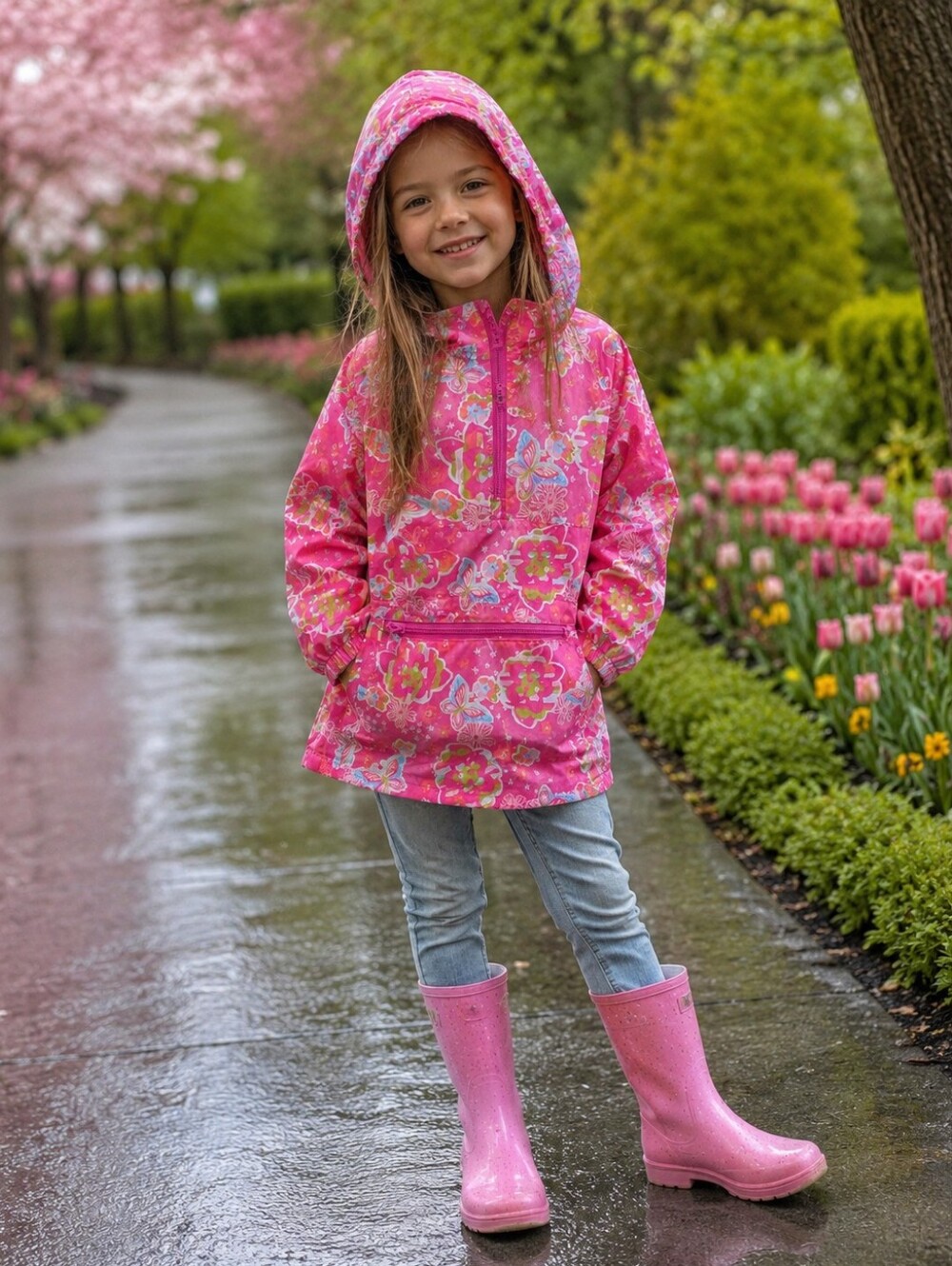The Children's Place Pink Floral Hooded Rain Jacket Size 7/8